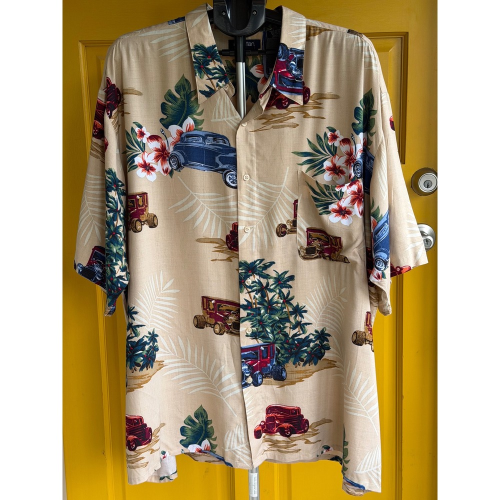 Puritan Mens 3XL Tan Hot Rod Classic Car Tropical Rayon Button Up Shirt